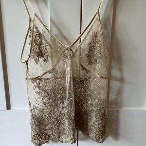 Gold lace, mesh tank with buttons